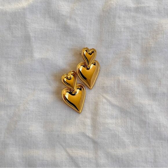 Puffed Double Heart Gold Valentine Earrings OS - Picture 4 of 10